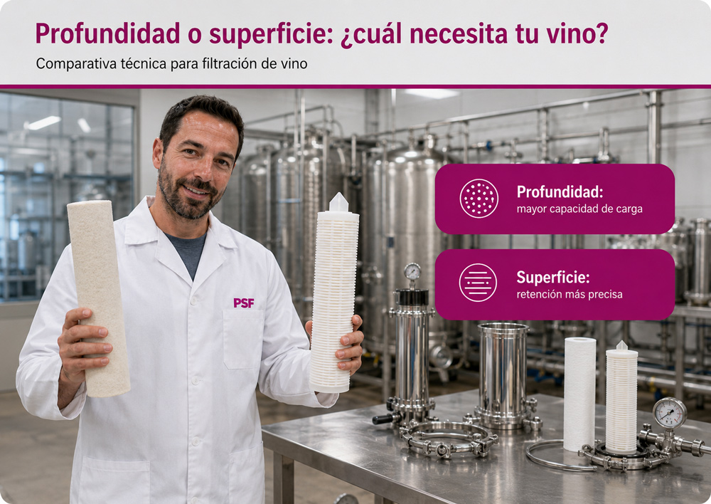 Comparación entre cartuchos de profundidad y superficie para filtración de vino