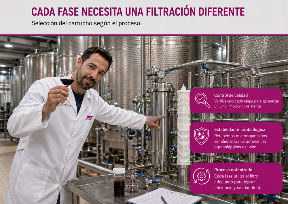 Proceso de filtración enológica en bodega con control de calidad
