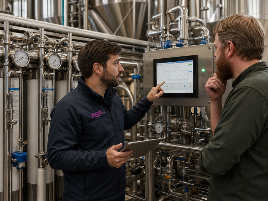  técnico controlando microfiltración de cerveza y seguridad microbiológica en línea de envasado