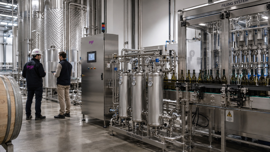 línea de embotellado de vino con filtración final antes del llenado