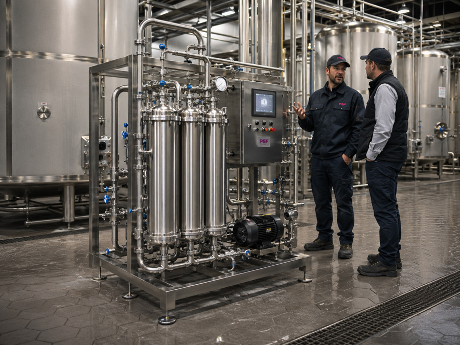 Equipo de filtración industrial de líquidos con carcasas sanitarias en acero inoxidable