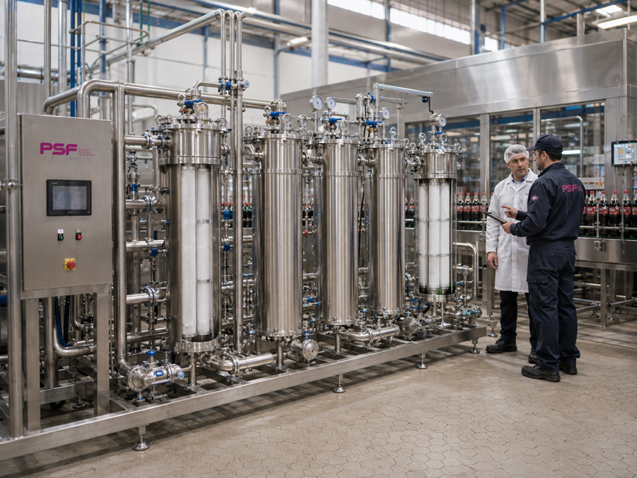 línea de filtración absoluta para bebidas con carcasas sanitarias de acero inoxidable