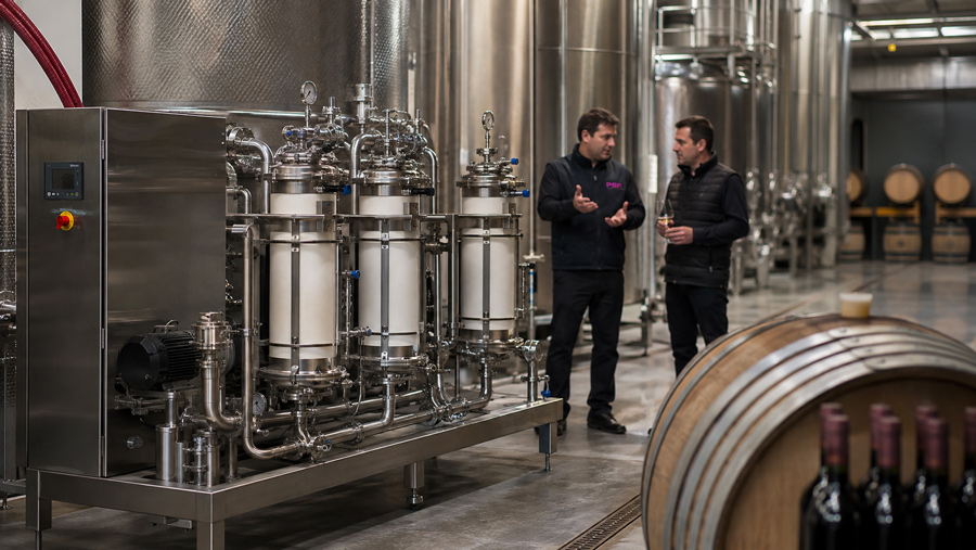  filtros para vino en bodega industrial con depósitos de acero inoxidable