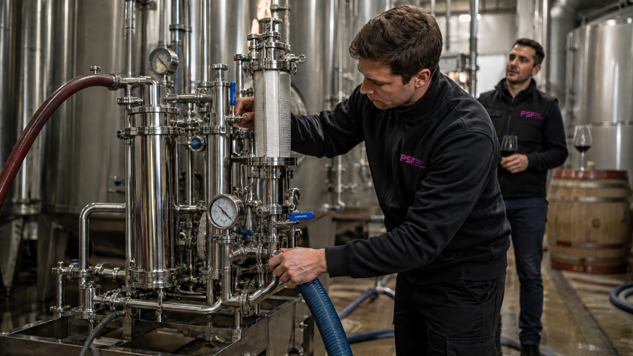 sistema de filtración para vino con cartuchos filtrantes en bodega