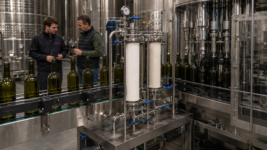 filtración final de vino antes del embotellado en bodega