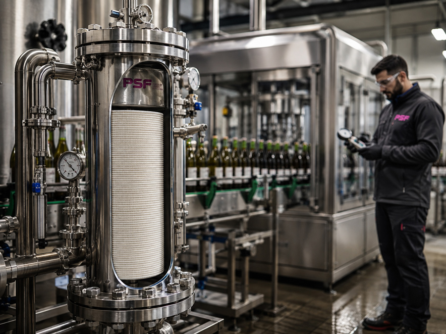 línea de filtración industrial alimentaria con módulos lenticulares y carcasa sanitaria