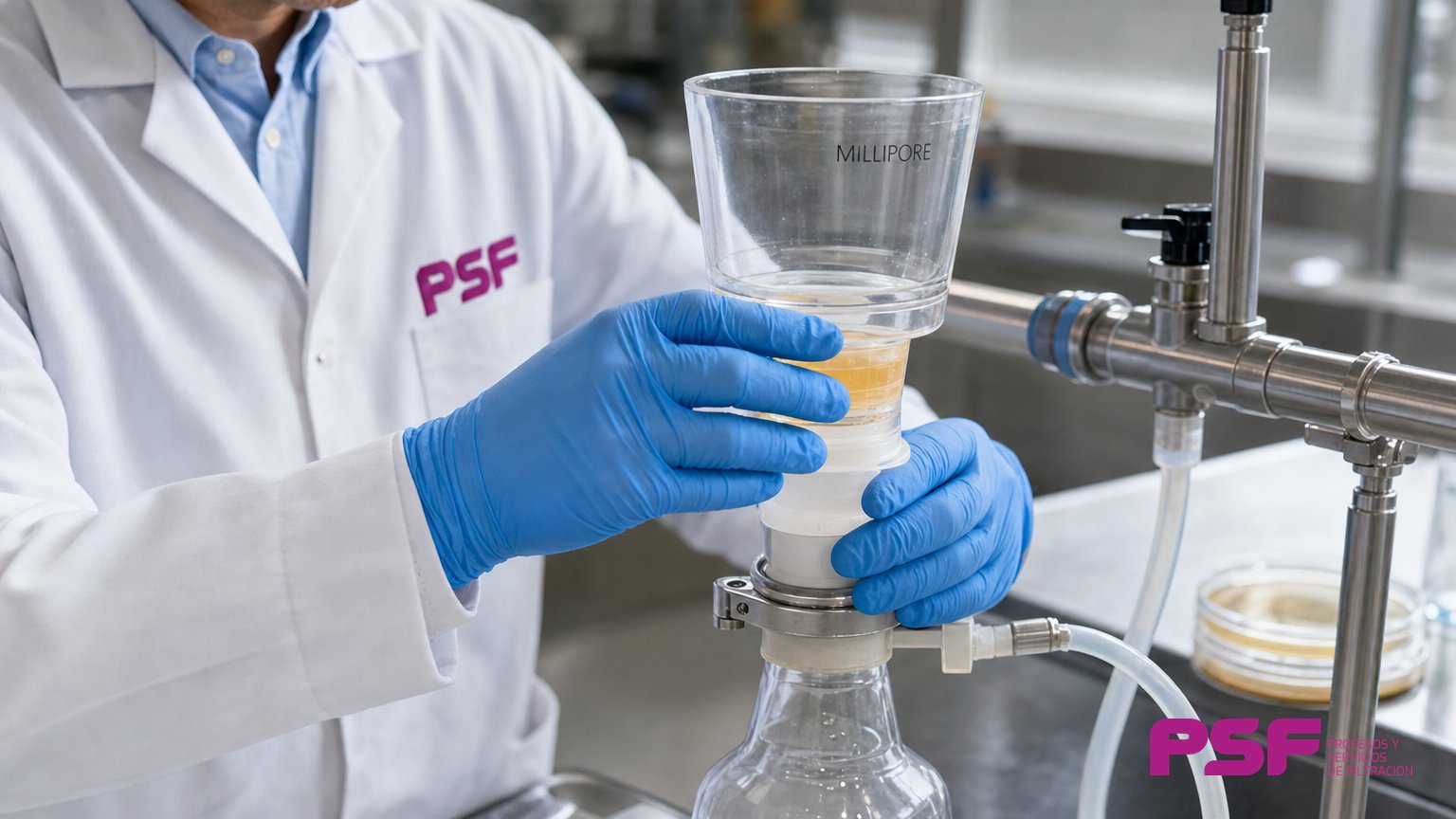 Embudo estéril Microsart Funnel filtrando una muestra de agua en un laboratorio de control microbiológico