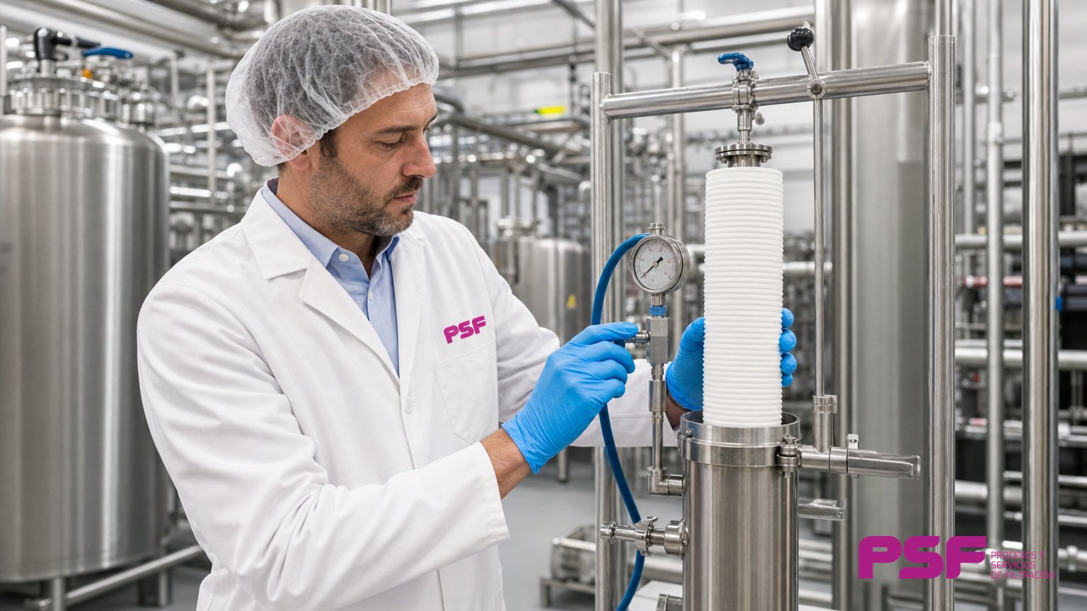 Técnico comprobando el test de integridad de un cartucho filtrante en una planta industrial