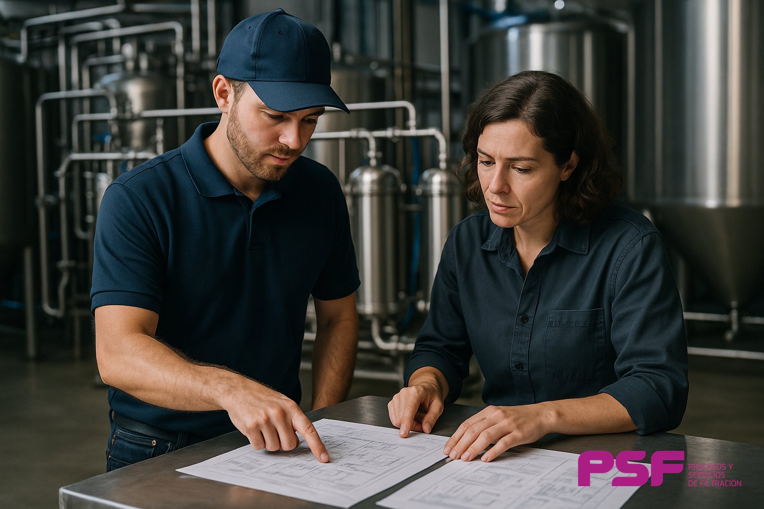 Técnico de PSF revisando en bodega el esquema de filtración instalado junto a un responsable de bodega, con documentación técnica en la mesa
