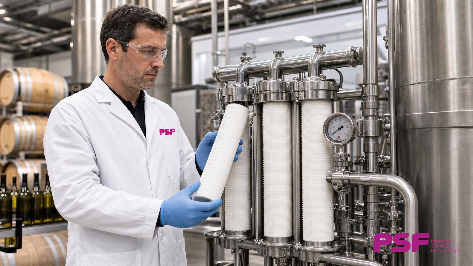 módulo de cartuchos de microfiltración instalado en un bucle cerrado sobre un depósito industrial