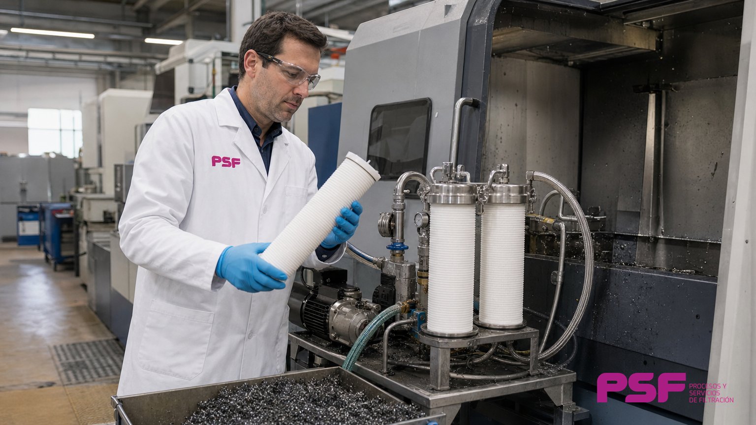 depósito de taladrina en una línea de mecanizado con sistema de filtración de emulsión de corte
