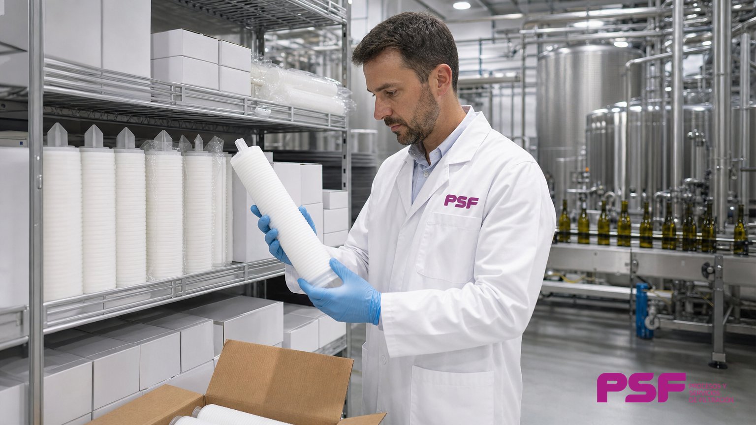 Responsable de calidad revisando el stock de fungibles de filtración en el almacén de un laboratorio industrial